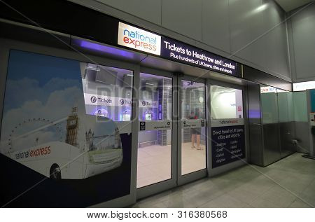 London England - May 31, 2019: Unidentified People Visit Gatwick Airport National Express Coach Offi