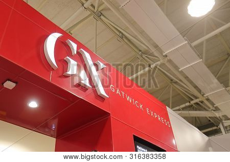 London England - May 31, 2019: Gatwick Express Train Sign London England