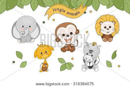 Cute Illustration. Vector Set With Hand Drawn Doodles On The  Theme Of Jungle Animals.  Sketches For