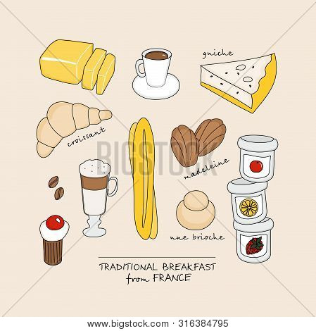 Traditional French Breakfast. Vector Set With Hand Drawn Doodles On The Theme Of Food. Sketches For 