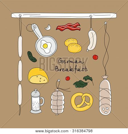 German Breakfast. Vector Set With Hand Drawn Doodles On The Theme Of Food. Sketches For Use Of Desig