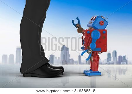 3d Rendering Businessman Standing With Robot In City