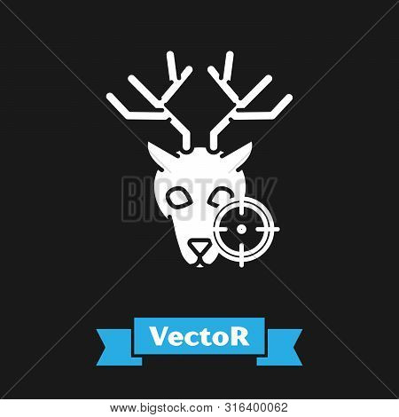 White Hunt On Deer With Crosshairs Icon Isolated On Black Background. Hunting Club Logo With Deer An