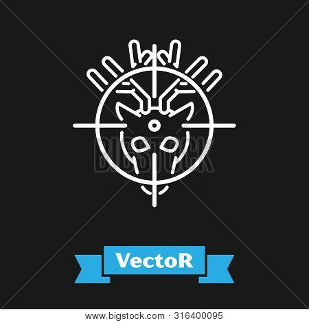 White Hunt On Deer With Crosshairs Icon Isolated On Black Background. Hunting Club Logo With Deer An