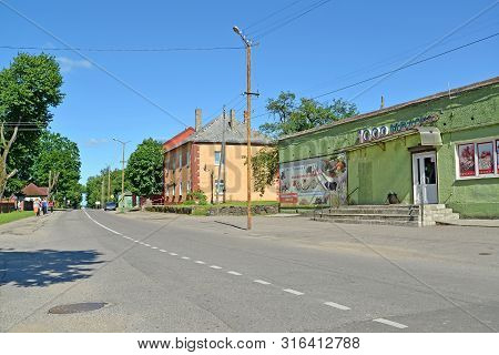 Slavsk, Russia - June 22, 2019: Low Building Of Sovetskaya Street. Kaliningrad Region