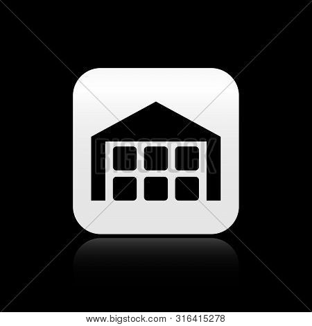 Black Warehouse Icon Isolated On Black Background. Silver Square Button. Vector Illustration