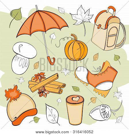 Vector Set With Hand Drawn Doodles On The Theme Of Autumn. Sketches For Use Of Design.