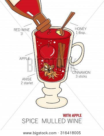Sketch Traditional Winter Drink - Spice Mulled Wine With Apple, Cinnamon And Anise On White Backgrou