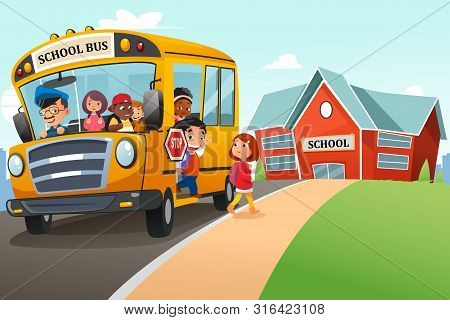 A Vector Illustration Of School Kids Getting Off The School Bus Illustration