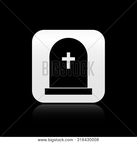 Black Tombstone With Cross Icon Isolated On Black Background. Grave Icon. Silver Square Button. Vect