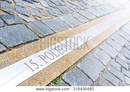 15th Meridian Line In Cobbled Street Of Jindrichuv Hradec, Czech Republic. Inscription 15. Polednik 
