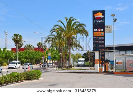 Mallorca, Spain - May 8, 2019: Repsol Gas Station. Repsol Is A Spanish Multinational Oil And Gas Com