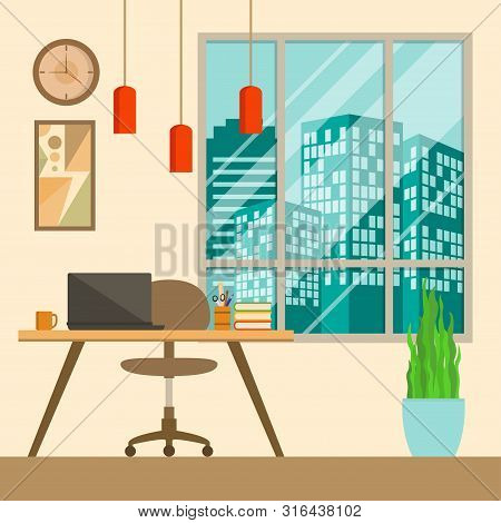 Workspace Vector Illustration. Interior Office Workspace Flat Design Concept