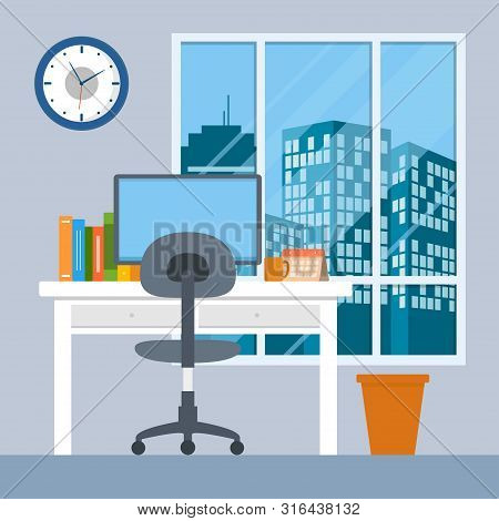 Workspace Vector Illustration. Interior Office Workspace Flat Design Concept