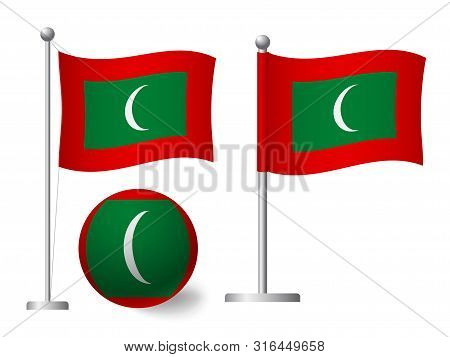 Maldives Flag On Pole And Ball. Metal Flagpole. National Flag Of Maldives Vector Illustration