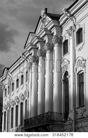 Stroganov Palace On Moika River Embankment In Saint Petersburg, Russia. Black And White.