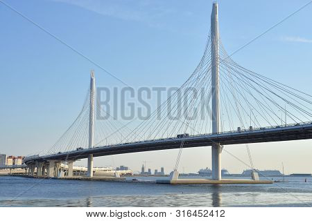 Cable Bridge Across The Petrovsky Fairway Of Neva River In Saint Petersburg, Russia. Part Of The Wes