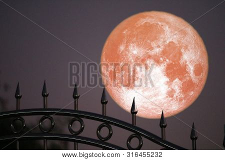 Strawberry Moon On Night Sky Back Silhouette Stainless Steel Iron Fence