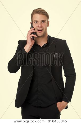 Businessman Smiling Use Smartphone For Call White Background. Business Call Concept. Man In Suit Bus