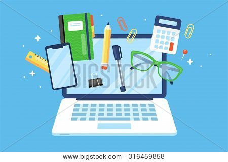 Back To School Concept With Laptop Computer And School Supplies.