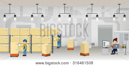Warehouse In Process With Workers Working Flat Design Vector Illustration