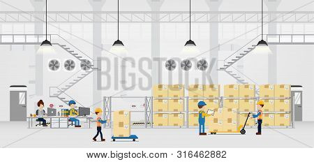 Warehouse In Process With Workers Working Flat Design Vector Illustration