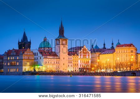 Prague, Czech Republic - March 14, 2019: Evening View Of The Historical City Centre Of Prague From S