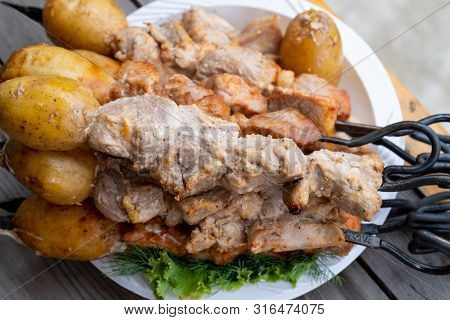 Skewers In The Tandoor. Cooking Kebab Of Meat In A Tandoor.