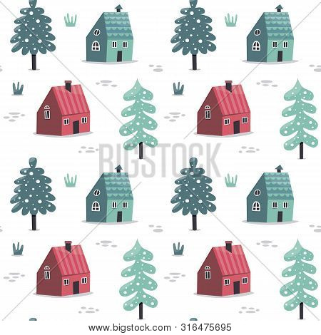 Seamless Cute Scandinavian Pattern With Houses And Trees