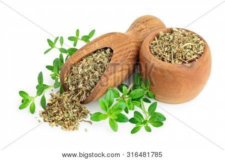 Dried Thyme Leaves In The Wooden Bowl And Scoop, With Fresh Thyme Isolated On White Background. Top 