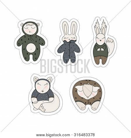 Funny Forest Animals. Bear, Squirrel, Badger, Hare And Fox In Pajamas. Cartoon Sketch Illustration F