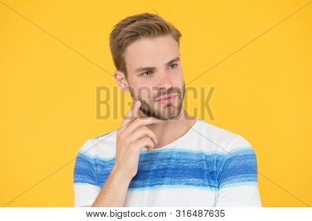 Pensive Face. Find Solution. Thoughtful Man On Yellow Background. Hipster Bearded Face Not Sure In S