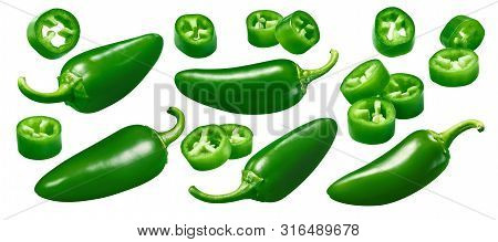 Green Hot Pepper Set Isolated On White Background. Whole And Pieces. Package Design Element With Cli