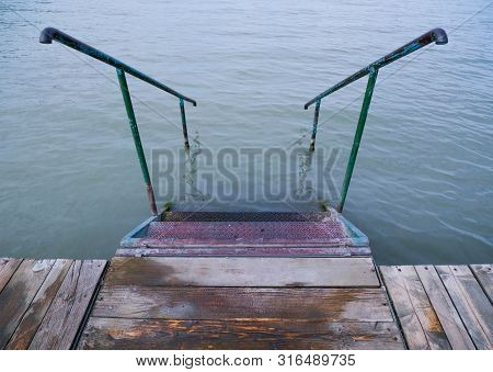 Empty Deck At Balaton Lakeshore In The Morning Hours In Hungary.