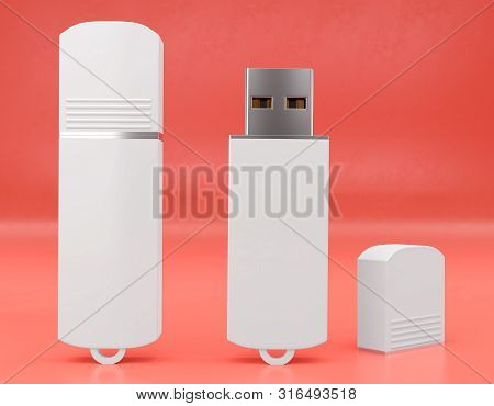 3d Render Illustration Of A Flashdrive Mockup On Color Background. Front View.