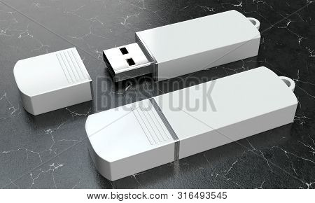 3d Render Illustration Of A Flashdrive Mockup On Black Marble Background. Perspective View.