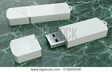 3d Render Illustration Of A Flashdrive Mockup On Green Marble Background. Perspective View.