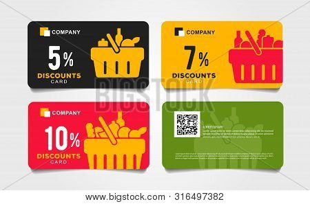 Set Of Cards, Vouchers For Grocery Store With Shopping Basket Pictogram Full Of Meal Goods, Simple M