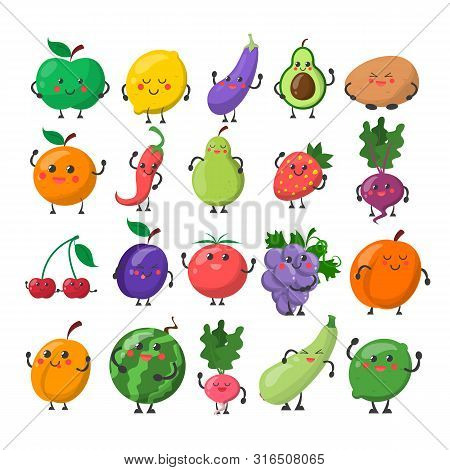 Funny Cute Fruit And Vegetable With The Happy Face. Apple, Lemon, Pear And Orange. Cartoon Character