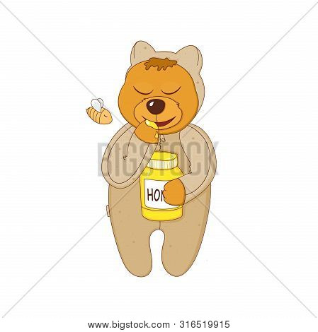 Cute Bear Eats Honey. Cartoon Sketch Animals Illustration.
