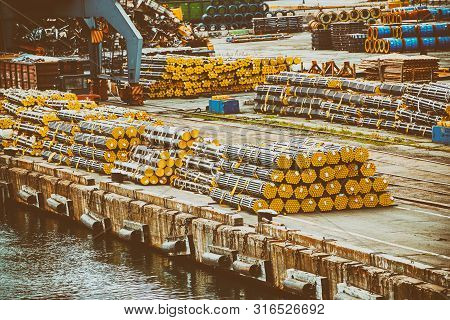 Industrial Goods And Containers With Products In The Marine Port. Sea Transportation Shipping Concep
