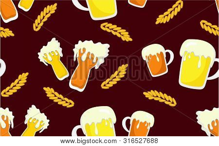 Yellow Glass And Pinta With Beer Seamless Pattern Dark Background.