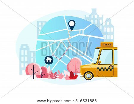 Service Of The Taxi. Concept Of A Taxi Car. Flat Vector Illustration Of Yellow Taxi Car With The Sho