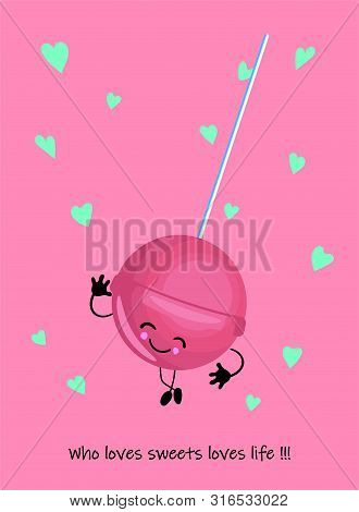 Cute Chupachups Character On A Pink Background. Lollipop With Strawberry Or Cherry.