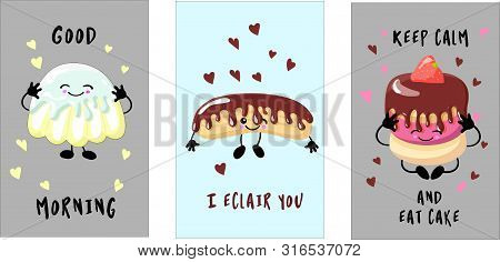 Cards For Kendibar. Cartoon Image With Big Eyes. Comic Character In Kawaii Style. Vector Illustratio