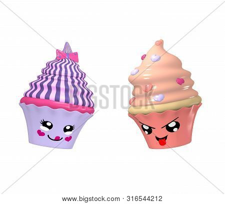 Two Cute Kawaii Characters As Cupcakes Isolated On White. 3d Render