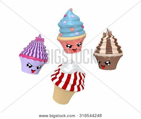 Funny Kawaii Character As Cupcakes While Eating Ice Cream. 3d Render