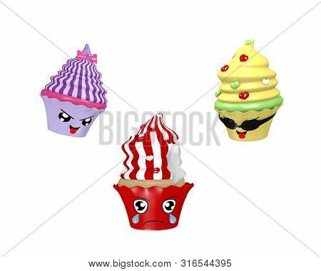 Funny Kawaii Character As Cupcakes. 3d Rendering