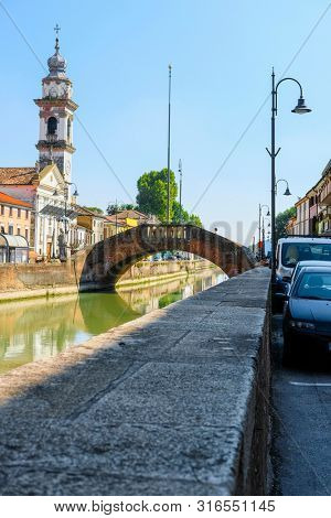 Battaglia Terme, Italy - July, 27, 2019: Landscape with the image of channel in Battaglia Terme, Italy