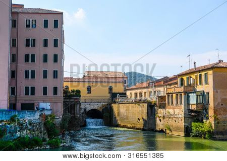 Battaglia Terme, Italy - July, 27, 2019: Landscape with the image of channel in Battaglia Terme, Italy